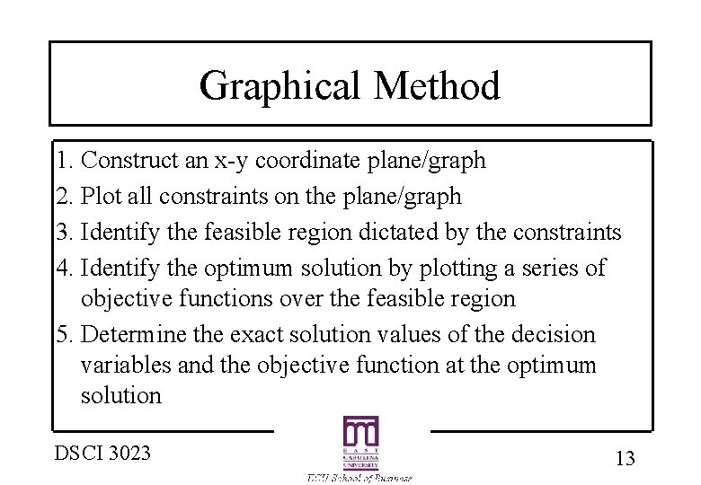 Graphical Method 1. Construct an x-y coordinate plane/graph 2. Plot all constraints on the Graphical Method 1. Construct an x-y coordinate plane/graph 2. Plot all constraints on the