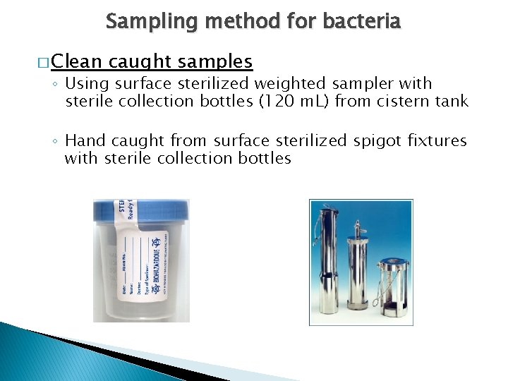 Sampling method for bacteria � Clean caught samples ◦ Using surface sterilized weighted sampler