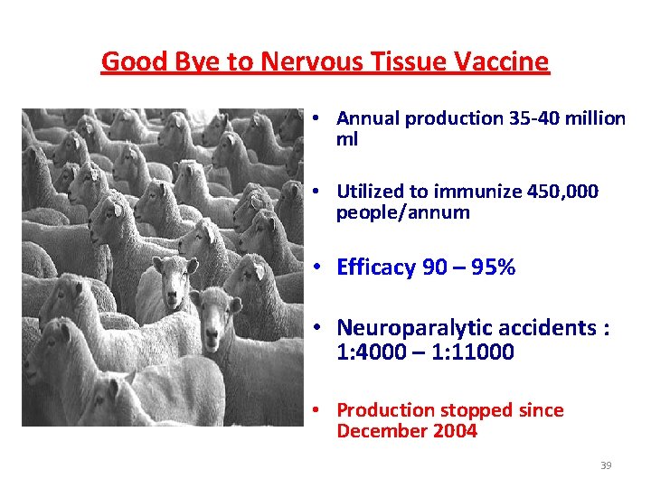 Good Bye to Nervous Tissue Vaccine • Annual production 35 -40 million ml •