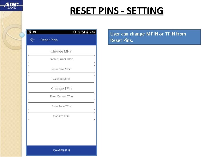 RESET PINS - SETTING User can change MPIN or TPIN from Reset Pins. 