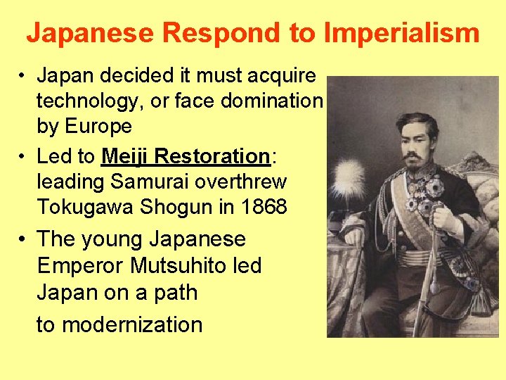 Japanese Respond to Imperialism • Japan decided it must acquire technology, or face domination