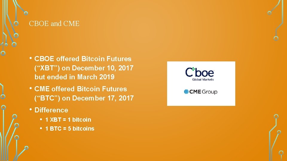 CBOE and CME • CBOE offered Bitcoin Futures (“XBT”) on December 10, 2017 but