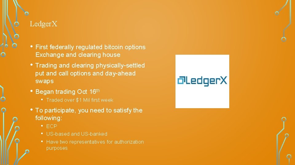 Ledger. X • First federally regulated bitcoin options Exchange and clearing house • Trading