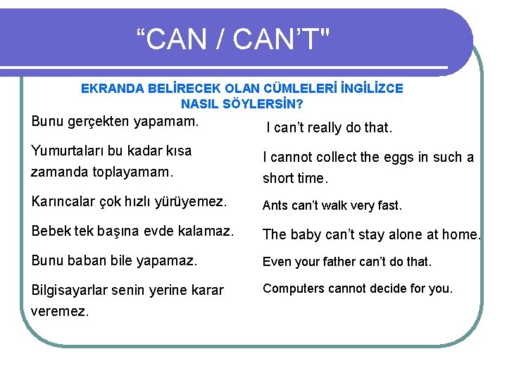 “CAN / CAN’T" EKRANDA BELİRECEK OLAN CÜMLELERİ İNGİLİZCE NASIL SÖYLERSİN? Bunu gerçekten yapamam. I