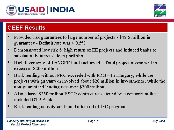 CEEF Results • • • Provided risk guarantees to large number of projects -