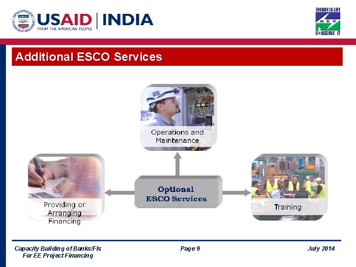 Additional ESCO Services Capacity Building of Banks/FIs For EE Project Financing Page 9 July