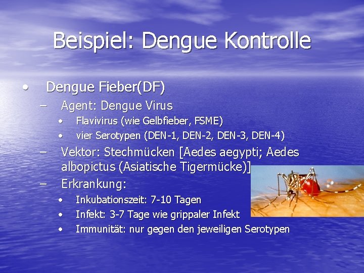 Beispiel: Dengue Kontrolle • Dengue Fieber(DF) – Agent: Dengue Virus • • – –