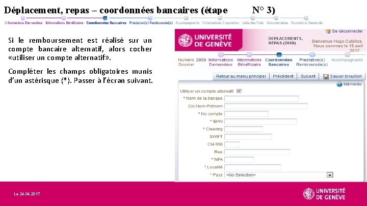 Déplacement, repas – coordonnées bancaires (étape Si le remboursement est réalisé sur un compte