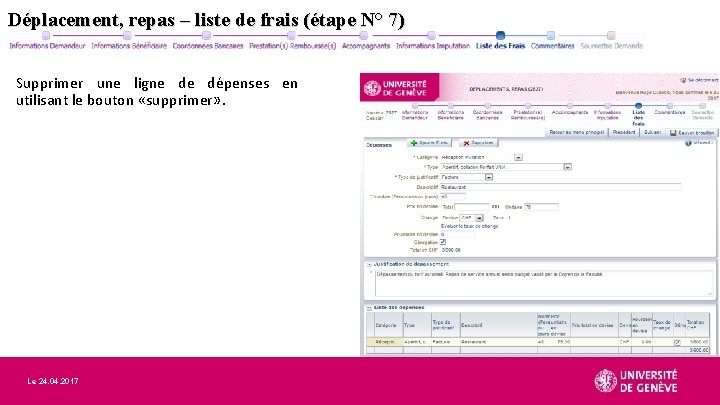 Déplacement, repas – liste de frais (étape N° 7) Supprimer une ligne de dépenses