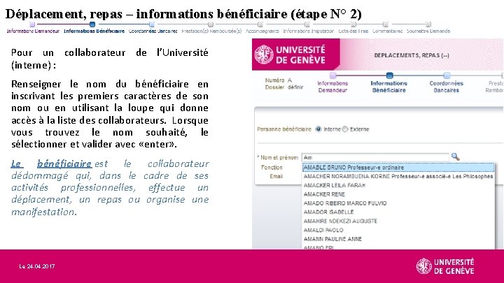 Déplacement, repas – informations bénéficiaire (étape N° 2) Pour un collaborateur de l’Université (interne)