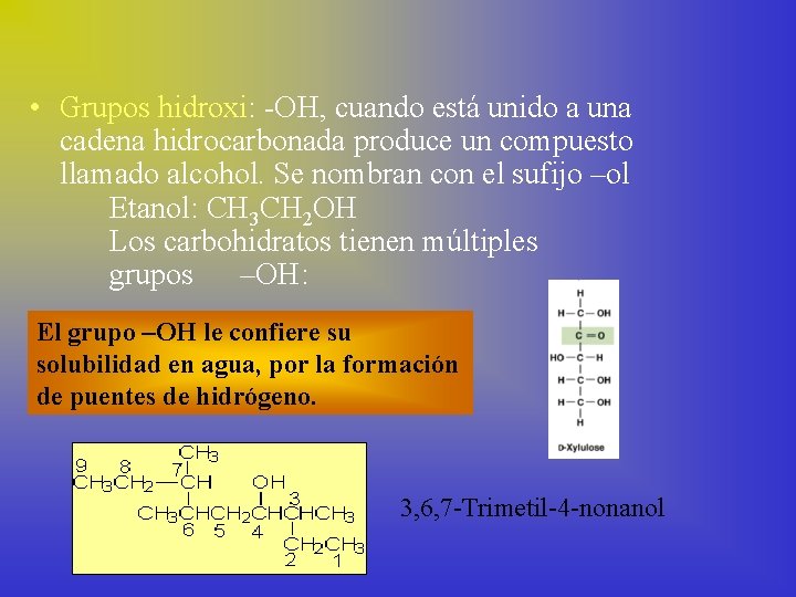  • Grupos hidroxi: -OH, cuando está unido a una cadena hidrocarbonada produce un