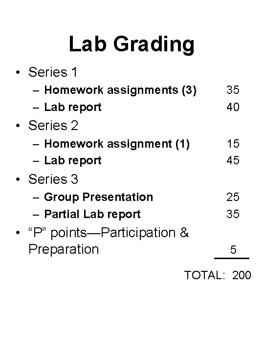 Lab Grading • Series 1 – Homework assignments (3) – Lab report 35 40