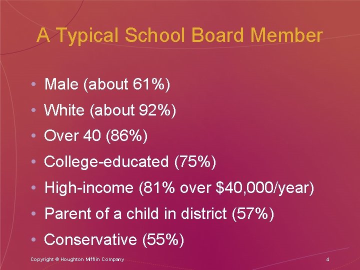 A Typical School Board Member • Male (about 61%) • White (about 92%) •