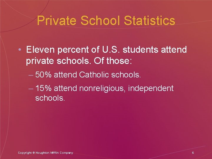 Private School Statistics • Eleven percent of U. S. students attend private schools. Of