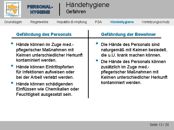 PERSONALHYGIENE Grundlagen Regelwerke Händehygiene Gefahren Hepatitis-B-Impfung PSA Gefährdung des Personals • • • Hände