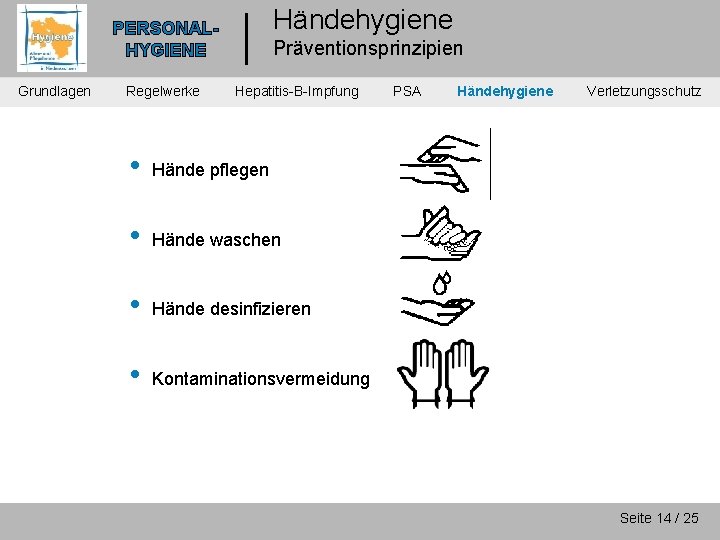 Händehygiene PERSONALHYGIENE Grundlagen Regelwerke Präventionsprinzipien Hepatitis-B-Impfung • Hände pflegen • Hände waschen • Hände