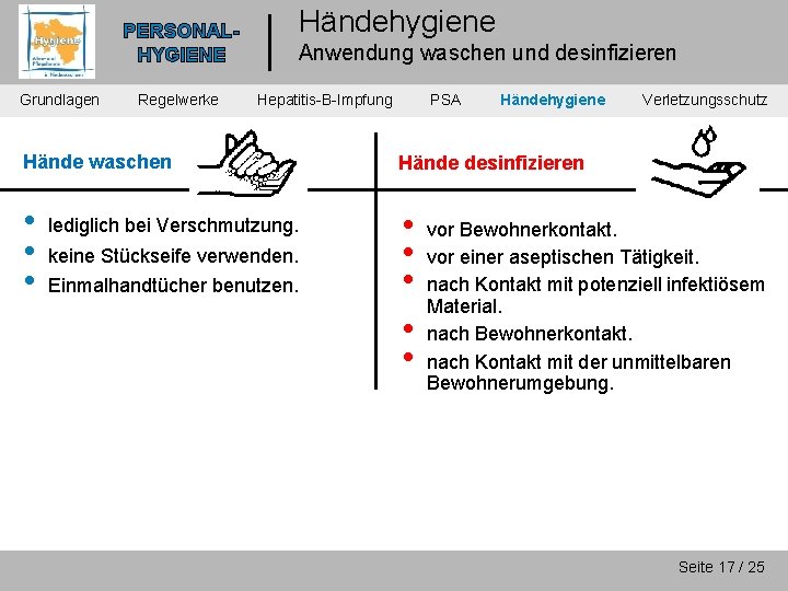 Händehygiene PERSONALHYGIENE Grundlagen Regelwerke Anwendung waschen und desinfizieren Hepatitis-B-Impfung PSA Händehygiene Hände waschen Hände