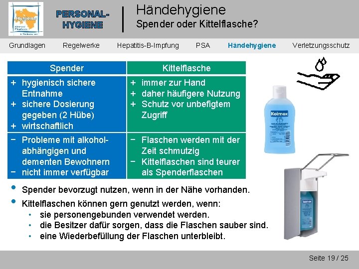 PERSONALHYGIENE Grundlagen Regelwerke Spender Händehygiene Spender oder Kittelflasche? Hepatitis-B-Impfung PSA Händehygiene Kittelflasche + hygienisch