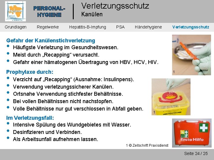 PERSONALHYGIENE Grundlagen Regelwerke Verletzungsschutz Kanülen Hepatitis-B-Impfung PSA Händehygiene Verletzungsschutz Gefahr der Kanülenstichverletzung Häufigste Verletzung