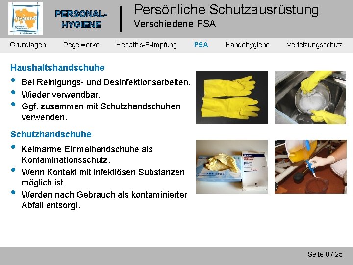 PERSONALHYGIENE Grundlagen Regelwerke Persönliche Schutzausrüstung Verschiedene PSA Hepatitis-B-Impfung PSA Händehygiene Verletzungsschutz Haushaltshandschuhe • •