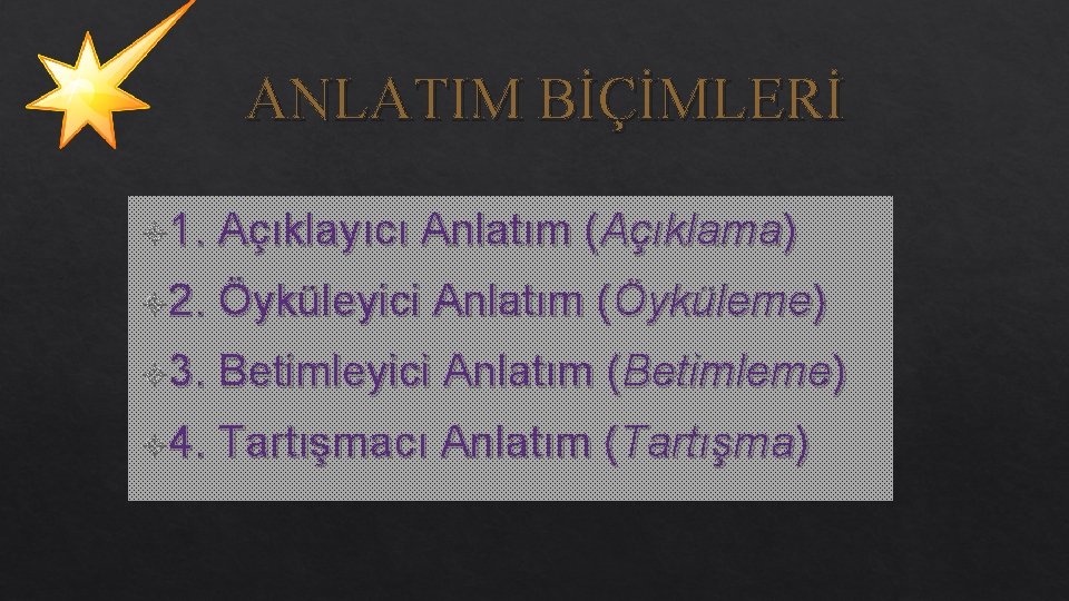 ANLATIM BİÇİMLERİ 1. Açıklayıcı Anlatım (Açıklama) 2. Öyküleyici Anlatım (Öyküleme) 3. Betimleyici Anlatım (Betimleme)