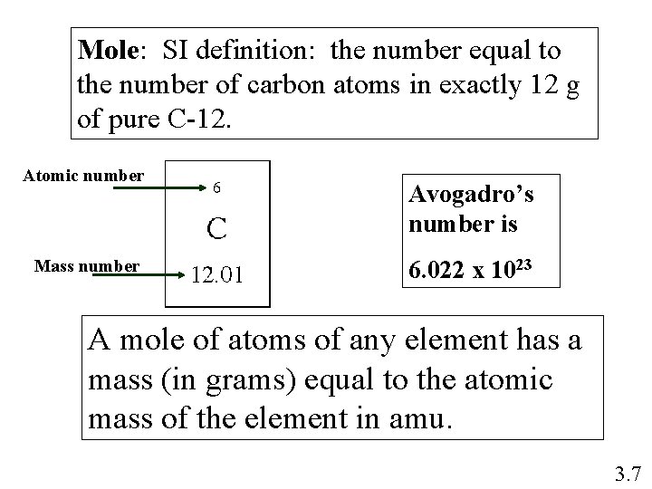 Mole: SI definition: the number equal to the number of carbon atoms in exactly