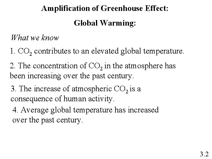 Amplification of Greenhouse Effect: Global Warming: What we know 1. CO 2 contributes to