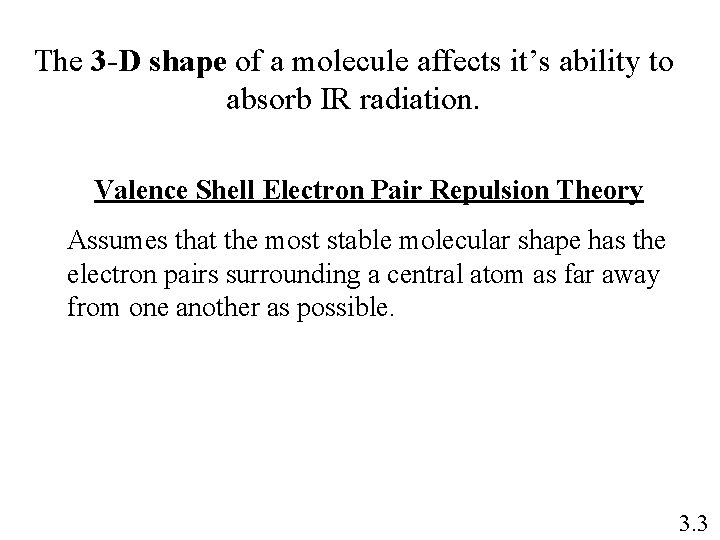 The 3 -D shape of a molecule affects it’s ability to absorb IR radiation.