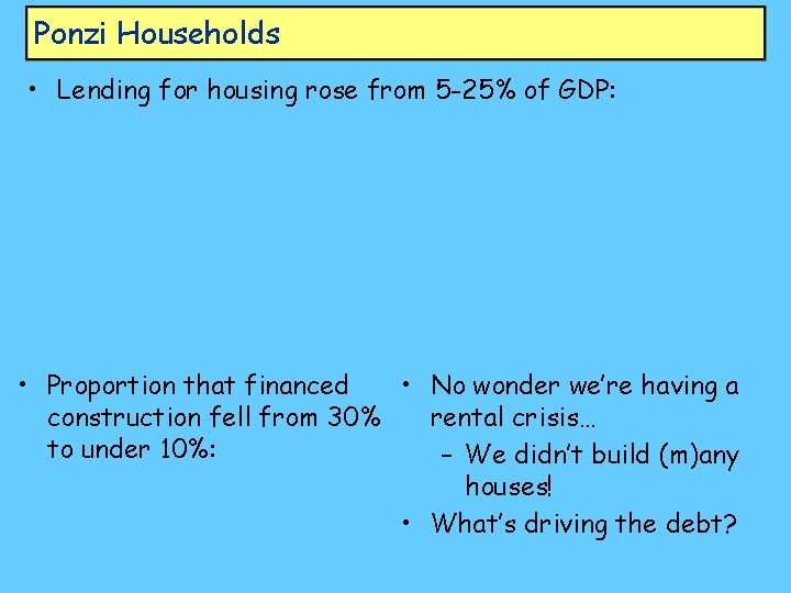 Ponzi Households • Lending for housing rose from 5 -25% of GDP: • No