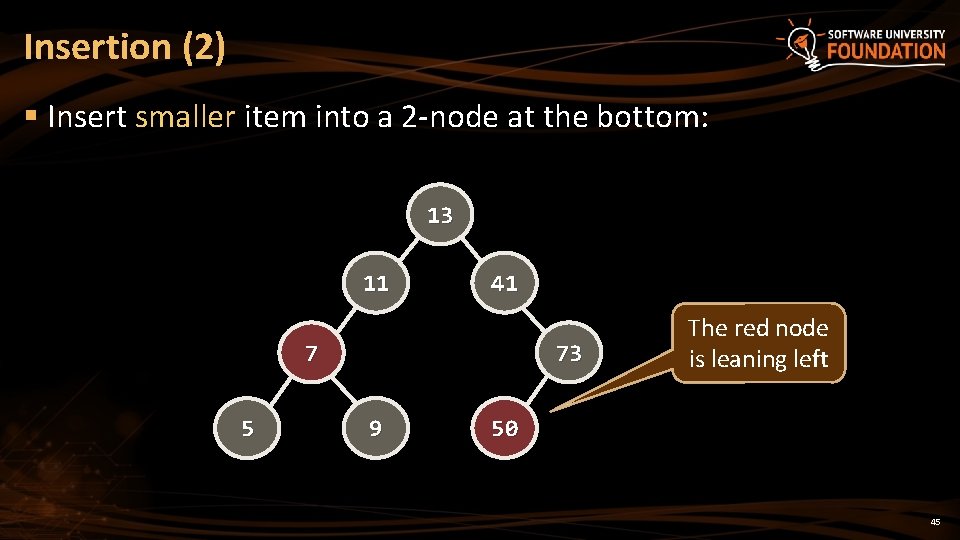 Insertion (2) § Insert smaller item into a 2 -node at the bottom: 13
