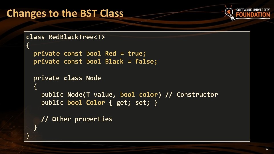 Changes to the BST Class class Red. Black. Tree<T> { private const bool Red