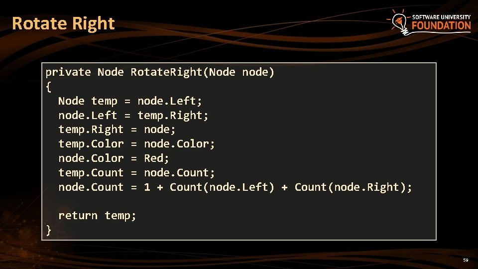 Rotate Right private Node Rotate. Right(Node node) { Node temp = node. Left; node.