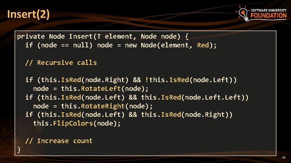 Insert(2) private Node Insert(T element, Node node) { if (node == null) node =
