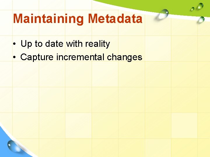 Maintaining Metadata • Up to date with reality • Capture incremental changes 