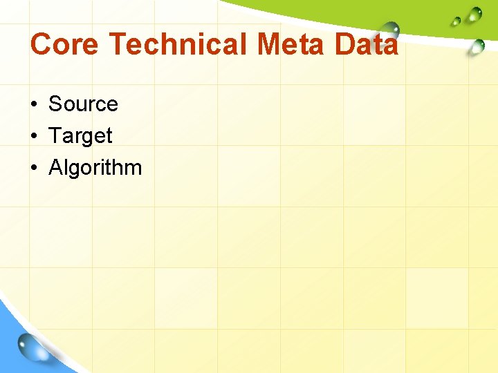Core Technical Meta Data • Source • Target • Algorithm 