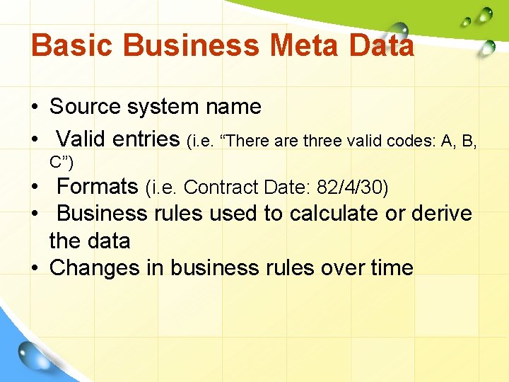 Basic Business Meta Data • Source system name • Valid entries (i. e. “There