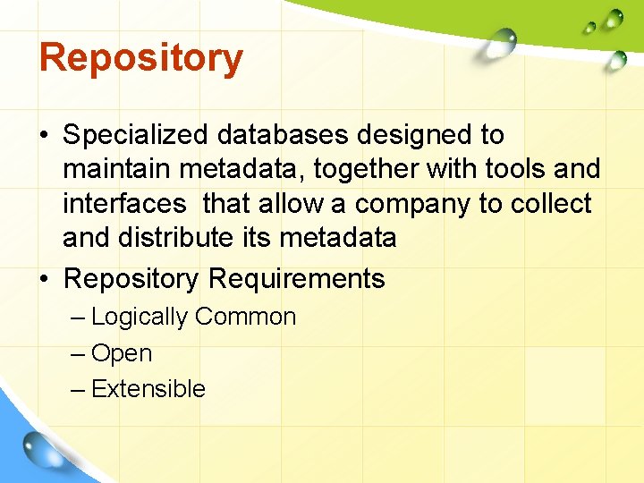 Repository • Specialized databases designed to maintain metadata, together with tools and interfaces that