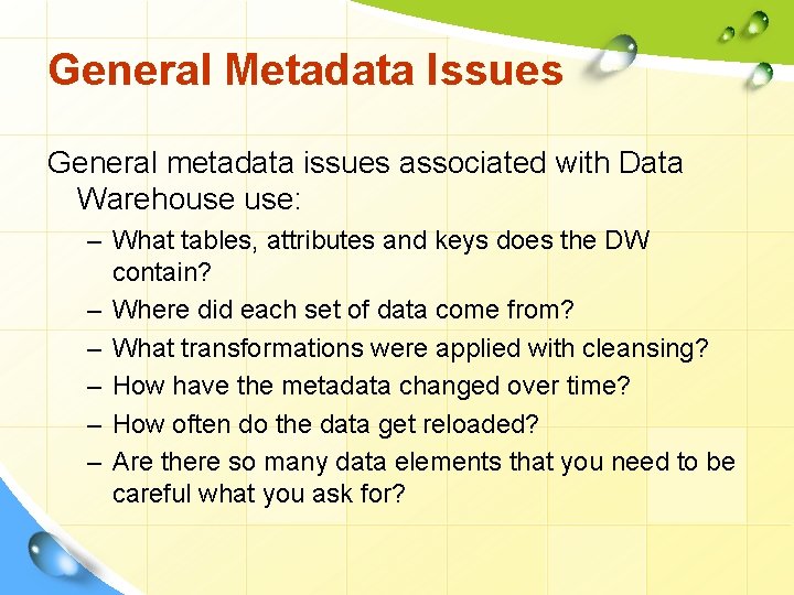 General Metadata Issues General metadata issues associated with Data Warehouse use: – What tables,