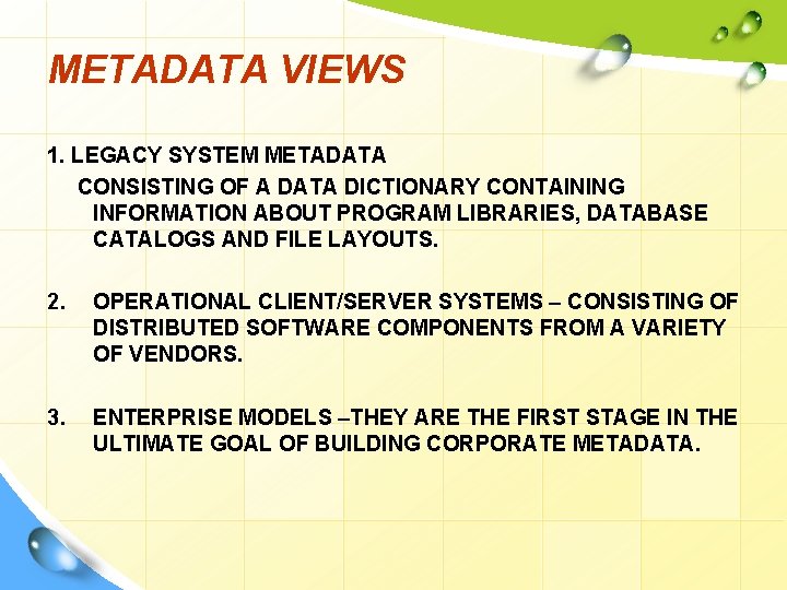 METADATA VIEWS 1. LEGACY SYSTEM METADATA CONSISTING OF A DATA DICTIONARY CONTAINING INFORMATION ABOUT