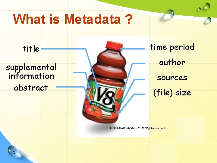 What is Metadata ? title supplemental information abstract time period author sources (file) size