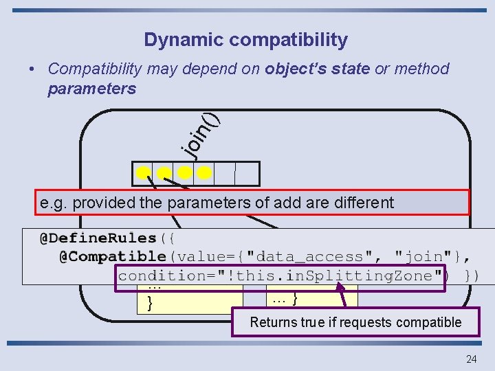 Dynamic compatibility joi n() • Compatibility may depend on object’s state or method parameters