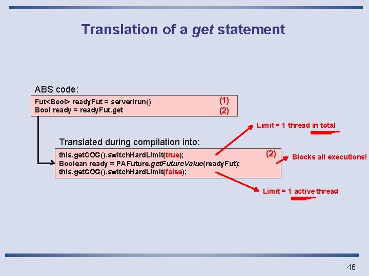 Translation of a get statement ABS code: Fut<Bool> ready. Fut = server!run() Bool ready