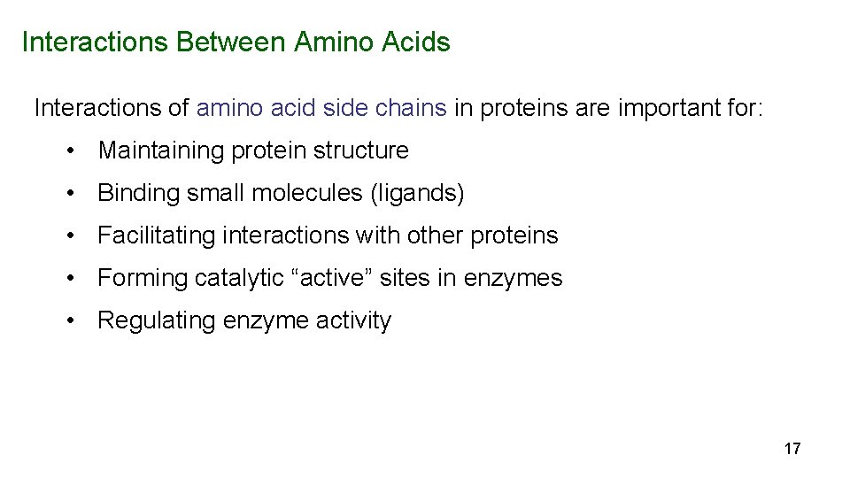 Interactions Between Amino Acids Interactions of amino acid side chains in proteins are important
