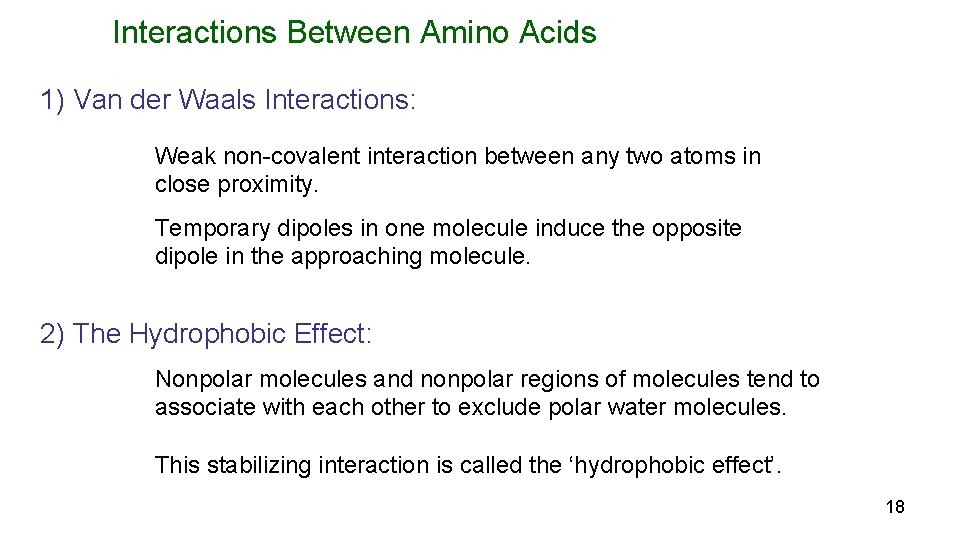 Interactions Between Amino Acids 1) Van der Waals Interactions: Weak non-covalent interaction between any