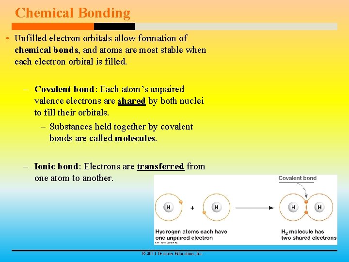 Chemical Bonding • Unfilled electron orbitals allow formation of chemical bonds, and atoms are
