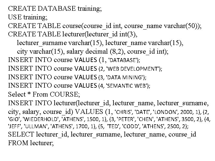CREATE DATABASE training; USE training; CREATE TABLE course(course_id int, course_name varchar(50)); CREATE TABLE lecturer(lecturer_id