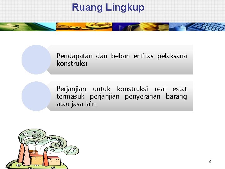 Ruang Lingkup Pendapatan dan beban entitas pelaksana konstruksi Perjanjian untuk konstruksi real estat termasuk