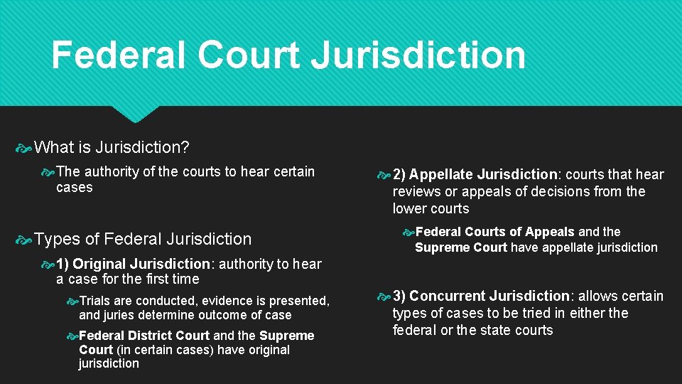 Federal Court Jurisdiction What is Jurisdiction? The authority of the courts to hear certain