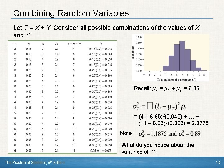 Combining Random Variables Let T = X + Y. Consider all possible combinations of