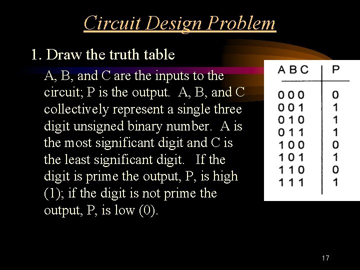 Circuit Design Problem 1. Draw the truth table A, B, and C are the Circuit Design Problem 1. Draw the truth table A, B, and C are the